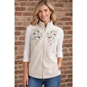 Baxter & Wells Embroidered Cardinal Birds Beige Fleece Vest Sz L Grandma Retro